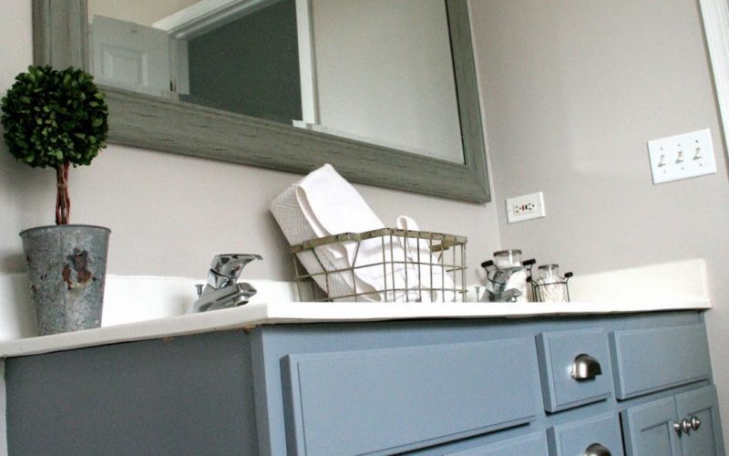 Pretty Distressed Bathroom Vanity Makeover Latex Paint